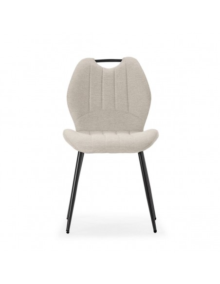 Cadeira design MULI, encosto acolchoado em tecido bege e metal preto