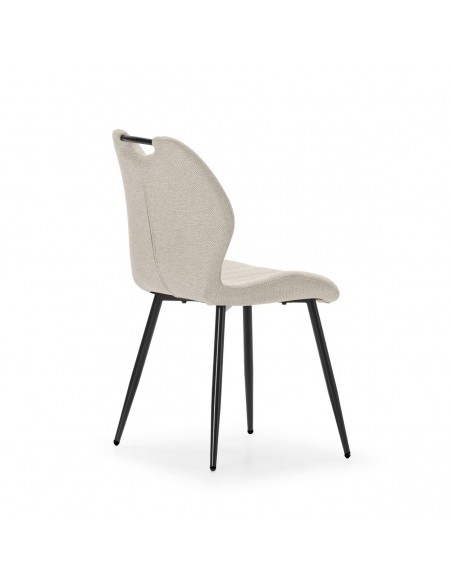 Cadeira design MULI, encosto acolchoado em tecido bege e metal preto