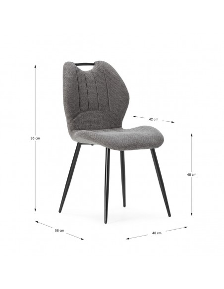 Cadeira design MULI, encosto acolchoado em tecido cinza e metal preto