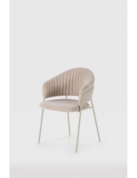 Silla de comedor con brazos LETICIA, tela beige y metal en crema