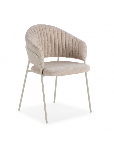 Silla de comedor con brazos LETICIA, tela beige y metal en crema