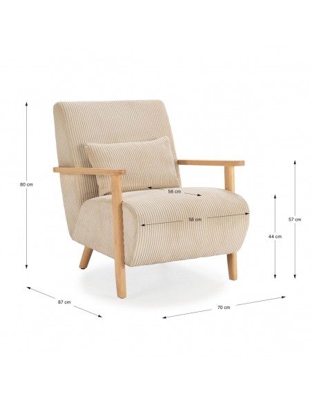 MEGAN Butaca de madera natural, tejido pana en beige
