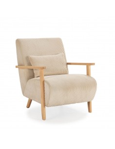 MEGAN Butaca de madera natural, tejido pana en beige