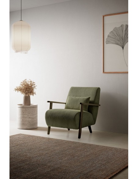 MEGAN Butaca de madera marrón, tejido pana en verde