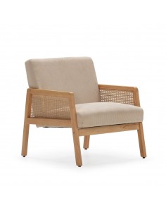 Sillon DEBRA de ratán sintético y madera, tejido pana beige