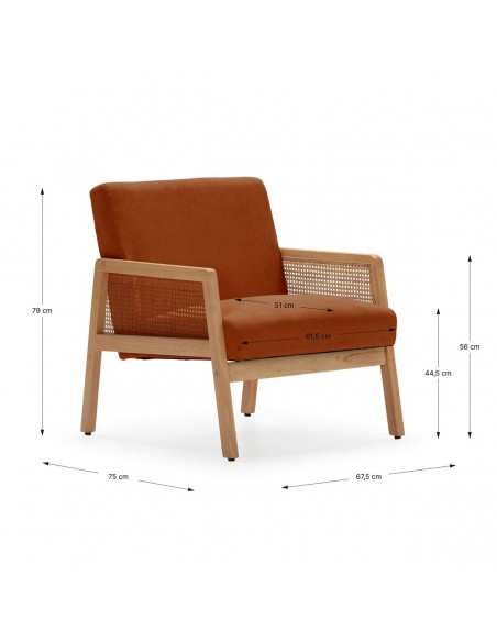 Sillón DEBRA de ratán sintético y madera, tejido pana teja