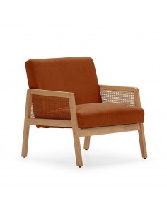 Sillón DEBRA de ratán sintético y madera, tejido pana teja