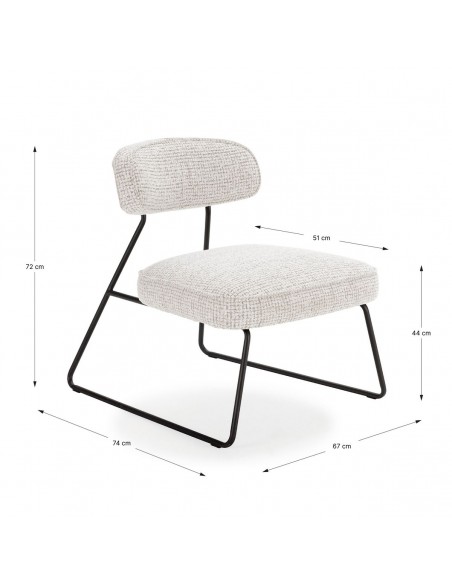 Cadeira de design ELON em tecido branco e bege, base de trenó em metal preto