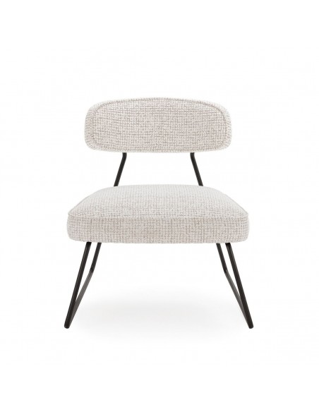 Cadeira de design ELON em tecido branco e bege, base de trenó em metal preto