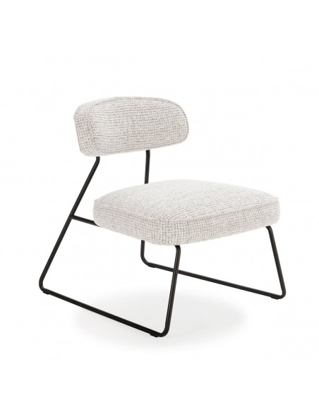 Cadeira de design ELON em tecido branco e bege, base de trenó em metal preto
