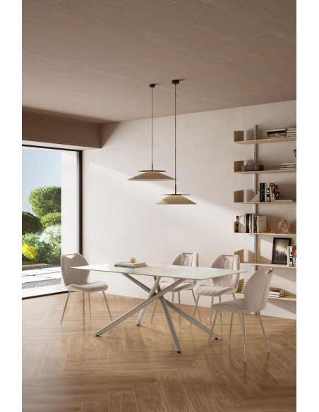 Mesa de design TORI 180 x 90, cerâmica bege e metal creme