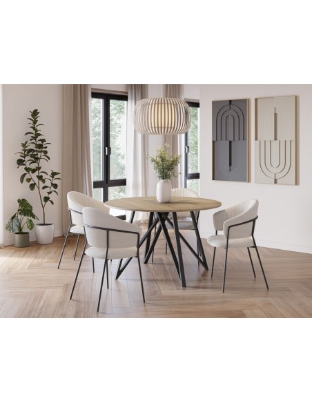 Mesa industrial redonda ILANA 120, color roble y metal negro