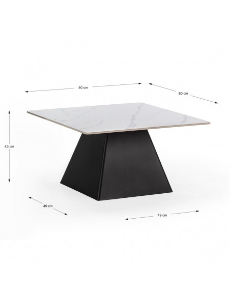 Mesa de centro MERVE 80, pedra sintética branca, base metálica preta