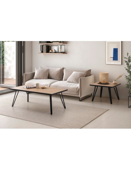 Mesa de centro SINDI 120 x 60, rebordo preto natural e pes em metal