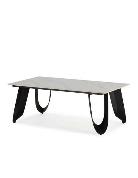 Mesa de centro em porcelanico branco AILA 120 x 65, base em metal preto