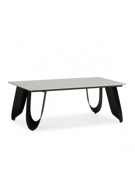 Mesa de centro em porcelanico branco AILA 120 x 65, base em metal preto