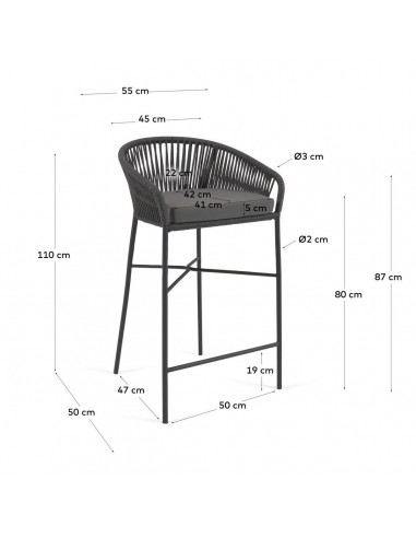 Taburete exterior Yanet em corda bege e aço...