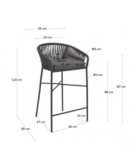Taburete exterior Yanet em corda bege e aço galvanizado, altura 80 cm.