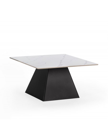 Mesa de centro MERVE 80, piedra sintetizada en blanco, base metal negro