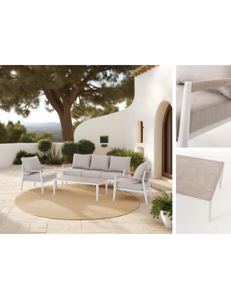 Set 4 exterior FORMENTOR, sofás y mesa de centro aluminio blanco y tejido beige