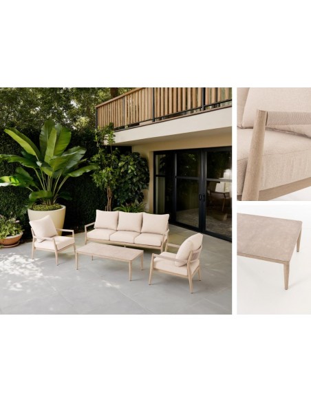 Set 4 exterior FORMENTOR, sofas y mesa de centro aluminio imitación madera y tejido beige