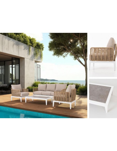 Set 4 exterior GRANADELLA, sofas y mesa de centro aluminio blanco,cuerda sintética y tejido beige