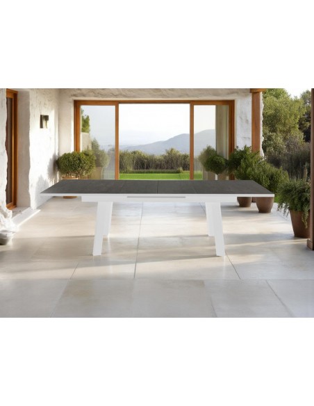 Mesa extensible OUTDOOR 200 (263) x 100, aluminio blanco y tapa cerámica efecto madera