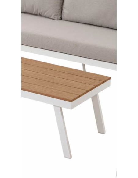 Conjunto exterior CORINTO 4, sofás de alumínio branco e mesa de centro com madeira sintética e assentos bege