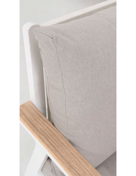 Set 4 exterior CORINTO, sofas y mesa de centro aluminio blanco, madera sintética y asientos beige