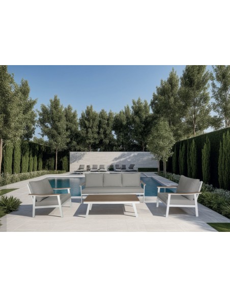 Set 4 exterior CORINTO, sofas y mesa de centro aluminio blanco, madera sintética y asientos beige
