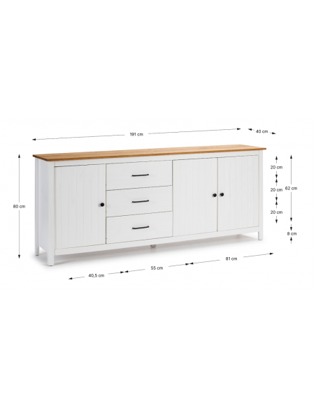 Aparador mediterráneo MIRANDA 190 x 80, madera pino encerado y blanco