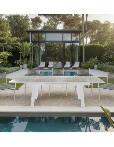 Mesa extensible OUTDOOR 200 (263) x 100, aluminio blanco y tapa cerámica efecto madera