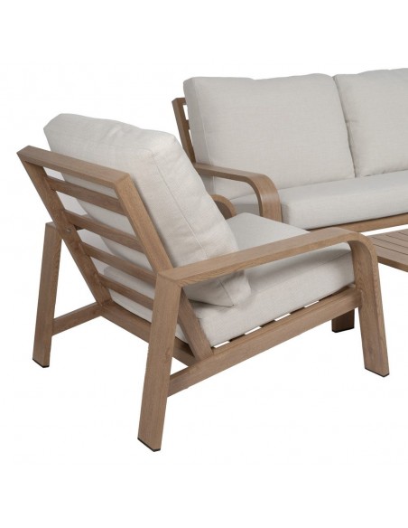 Set ALTEA de sofá de 2 plazas, 2 sillones y mesa de centro de aluminio efecto madera