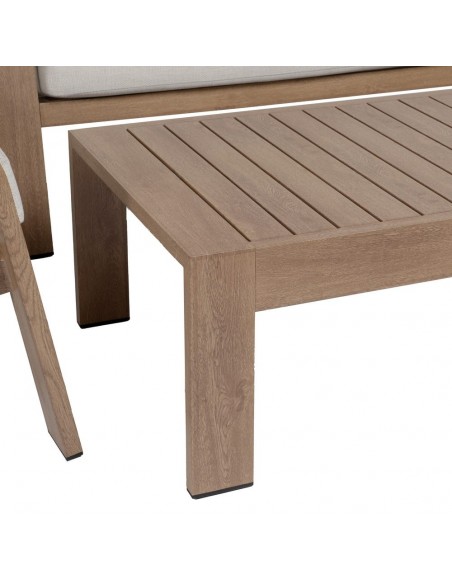 Conjunto ALTEA de sofá de 2 lugares, 2 poltronas e mesa de centro em alumínio com efeito madeira