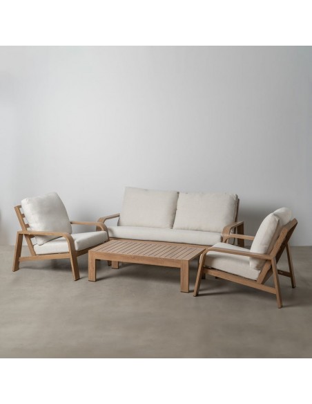 Set ALTEA de sofá de 2 plazas, 2 sillones y mesa de centro de aluminio efecto madera