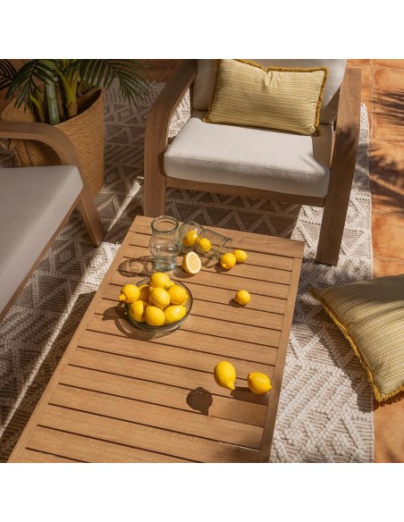 Set ALTEA de sofá de 2 plazas, 2 sillones y mesa de centro de aluminio efecto madera