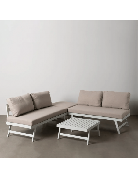 Set CALPE, 2 sofás esquineros y mesa de centro de aluminio blanco
