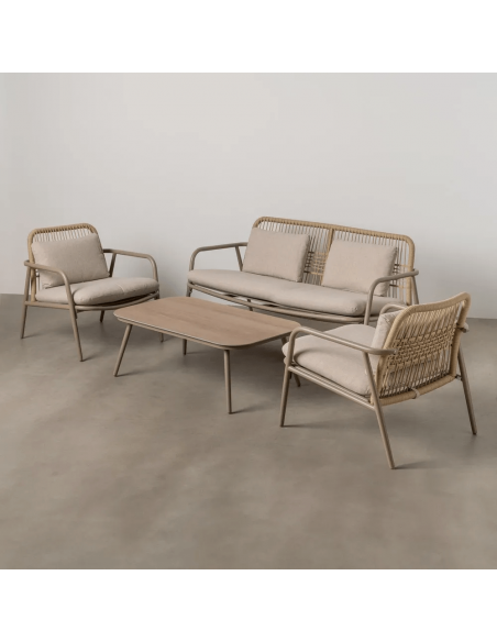Conjunto Benidorm, 2 cadeirões, sofá de 2 lugares e mesa de centro em alumínio bege