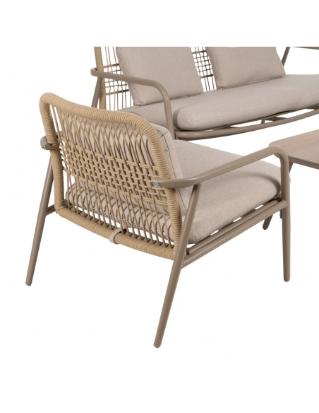 Conjunto Benidorm, 2 cadeirões, sofá de 2 lugares e mesa de centro em alumínio bege