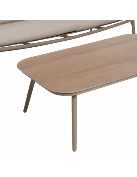 Conjunto Benidorm, 2 cadeirões, sofá de 2 lugares e mesa de centro em alumínio bege