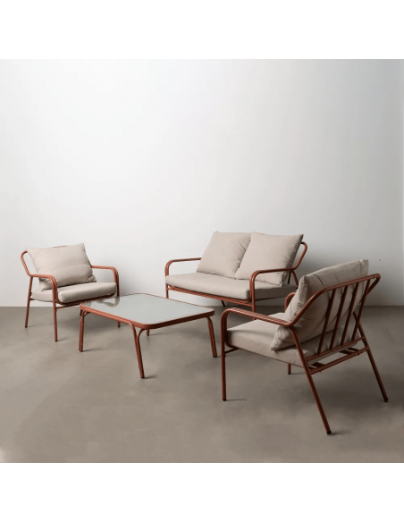 Conjunto outdoor PUIG, 2 poltronas, sofá de 2 lugares e mesa de centro em aço terracota