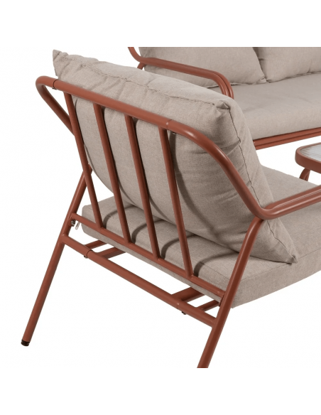 Conjunto outdoor PUIG, 2 poltronas, sofá de 2 lugares e mesa de centro em aço terracota