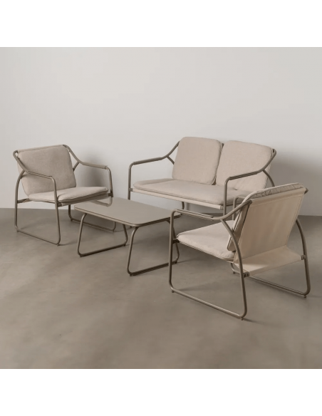Conjunto outdoor SORELLS, 2 poltronas, sofá de 2 lugares e mesa de centro em aço bege