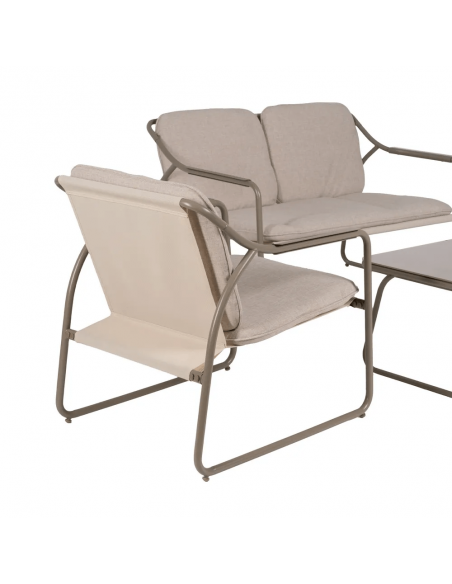 Set ext SORELLS, 2 sillones, sofa 2 plazas y mesa centro en acero beige