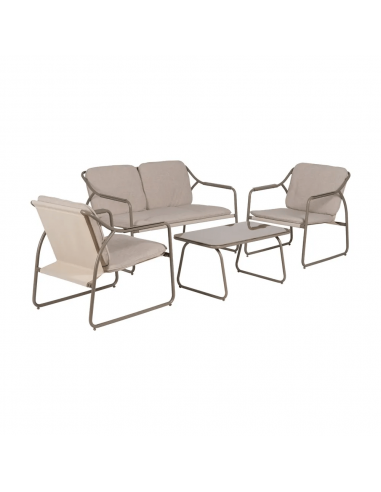 Conjunto outdoor SORELLS, 2 poltronas, sofá de 2 lugares e mesa de centro em aço bege