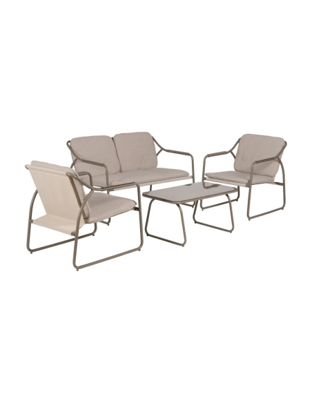 Set ext SORELLS, 2 sillones, sofa 2 plazas y mesa centro en acero beige