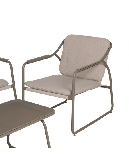 Conjunto outdoor SORELLS, 2 poltronas, sofá de 2 lugares e mesa de centro em aço bege