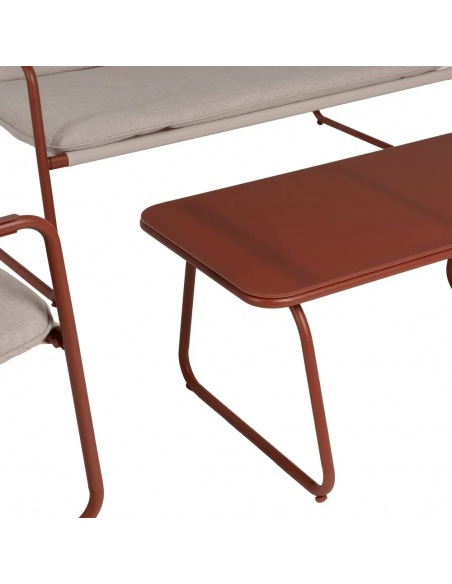 Conjunto outdoor SORELLS, 2 poltronas, sofá de 2 lugares e mesa de centro em aço terracota