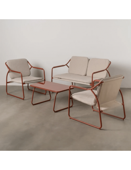 Conjunto outdoor SORELLS, 2 poltronas, sofá de 2 lugares e mesa de centro em aço terracota