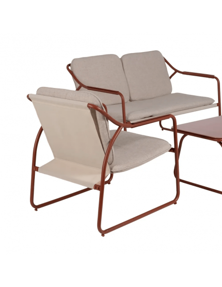 Conjunto outdoor SORELLS, 2 poltronas, sofá de 2 lugares e mesa de centro em aço terracota